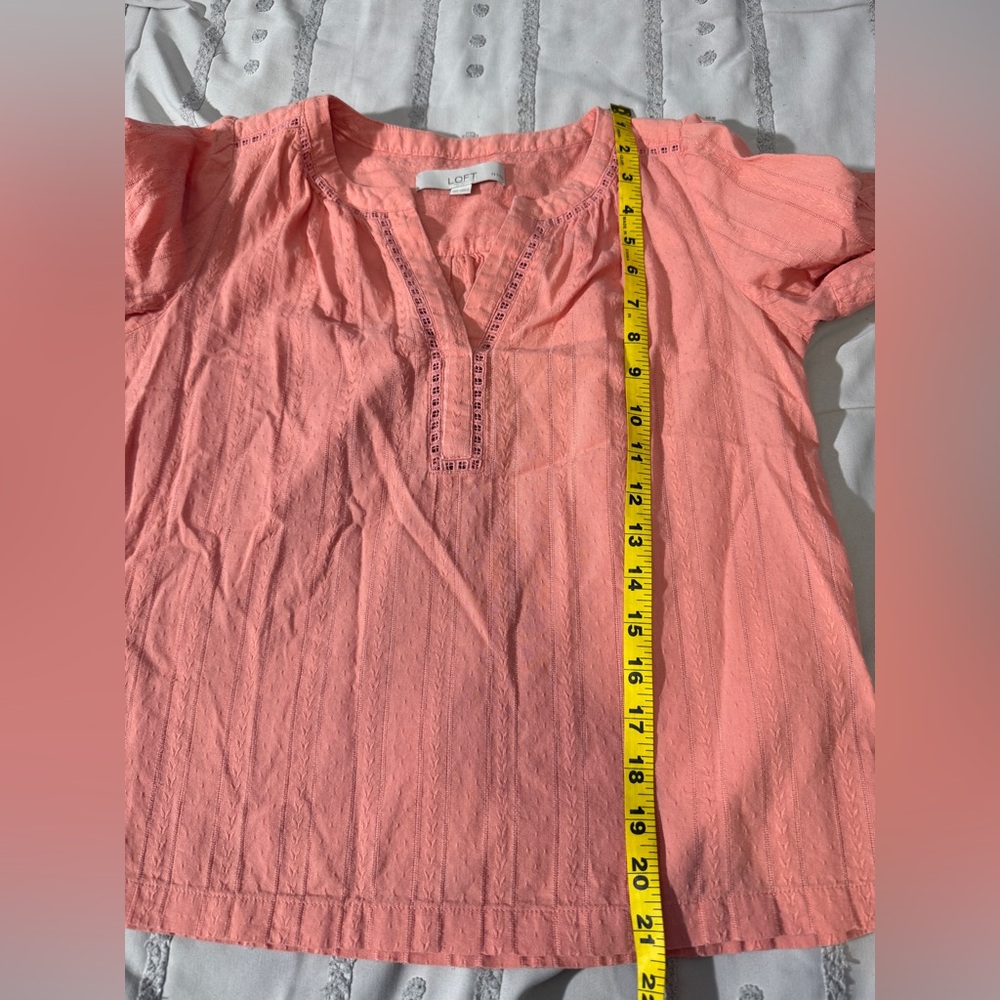 LOFT Pink Striped Ruffle Sleeve Split Neck Blouse Women Petites XSP Cotton - Picture 6 of 7